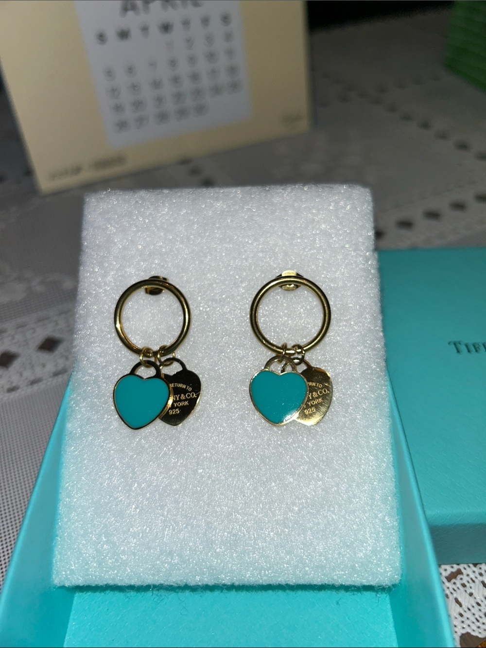 Tiffany & Co. Gold 925 Sterling Silver Hoop Earrings with Turquoise Heart Charms